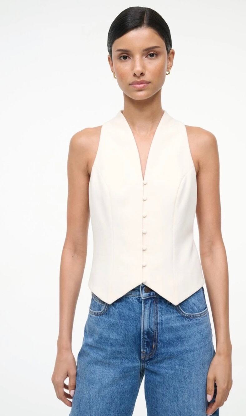 STAUD Stella Sleeveless Crepe Vest in Ecru 10
